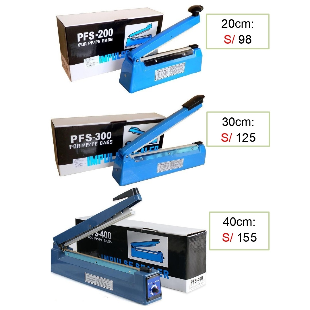 1. Selladora de mesa de impulso de uso personal. Precio de 20cm: S/ 98.oo Precio de 30cm: S/ 125.oo Precio de 40cm: S/ 155.oo