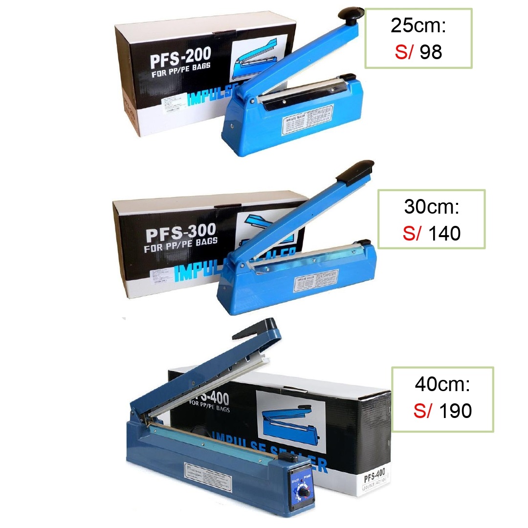 1. Selladora de mesa de impulso de uso personal. Precio de 20cm: S/ 98.oo Precio de 30cm: S/ 140.oo Precio de 40cm: S/ 190.oo