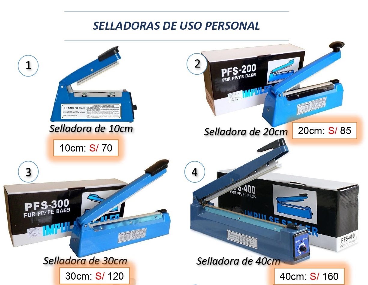 1. Selladora de mesa de impulso de uso personal. Precio de 20cm: S/ 90.oo Precio de 30cm: S/ 130.oo Precio de 40cm: S/ 160.oo